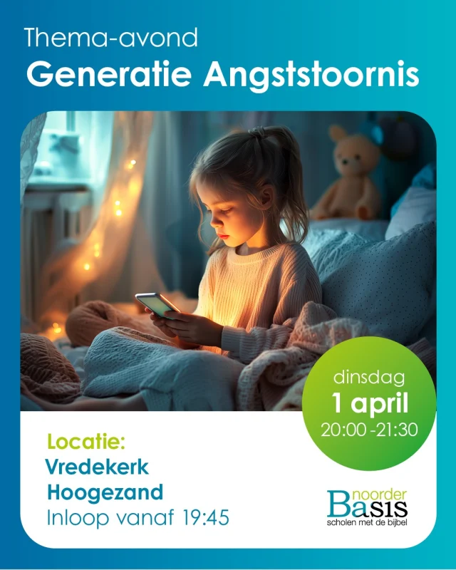 Thema-avond Generatie AngststoornisWat sociale media en de smartphone met onze kinderen doenSpreker: Arnold WienenDe smartphone en het gebruik van sociale media. Is het een vloek of is het een zegen? En hoe ga je er als ouders mee om? Waar doe ik goed aan? Alle ouders krijgen vroeg of laat met deze vraag te maken. Onderzoeker Jonathan Haidt deed er onderzoek naar en kwam met een alarmerende conclusie, maar kwam ook met een paar belangrijke en goede adviezen.Deze avond is voor ouders en verzorgers van onze leerlingen maar ook voor andere geïnteresseerden. Neem ze dus gerust mee.@noorderbasis
